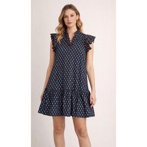 ENTRO Navy Blue Cactus Floral Flutter Sleeve Ruffle Tiered Mini Shift Dress Sz M